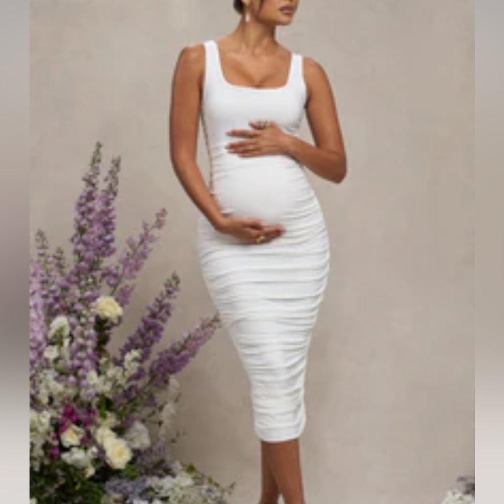 Club L London Lisbon | White Maternity Square Neck
Ruched Midi Dress WHITE